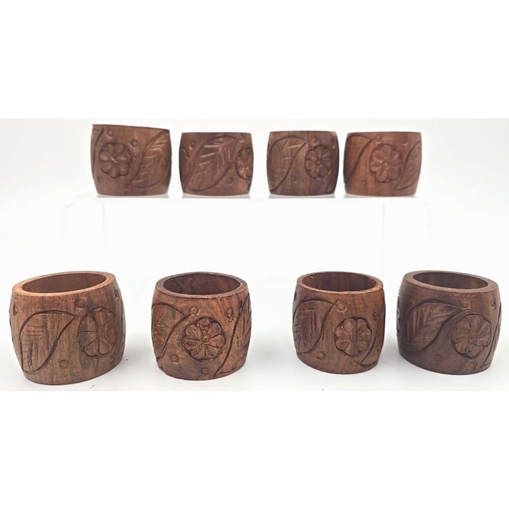 Hand Carved Wooden Napkin Rings 8 Piece Set Floral Boho Cottagecore Nature
